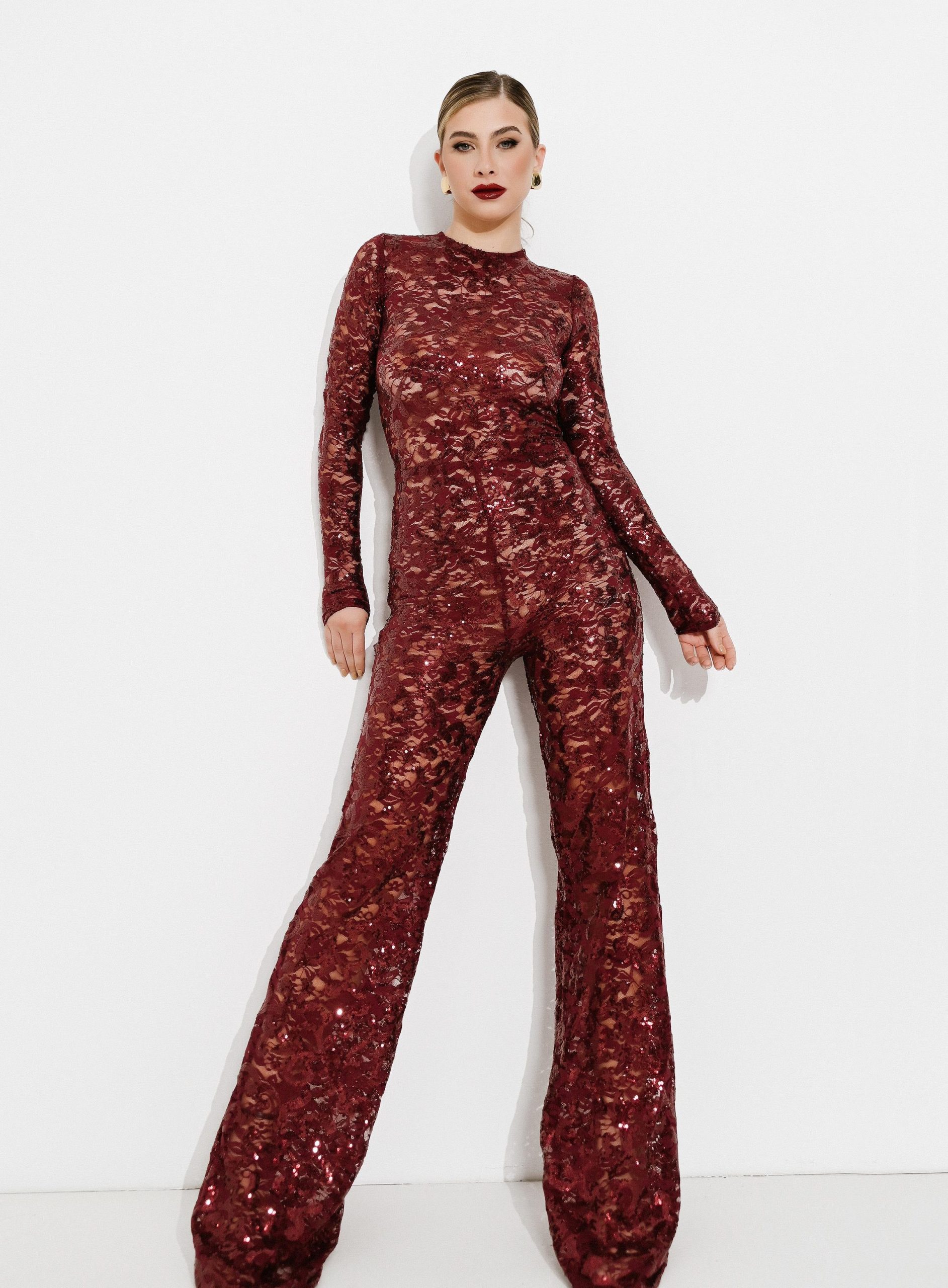 JUMPSUIT LONG SLEEVED LACE SEQUIN BORDEAUX 25303