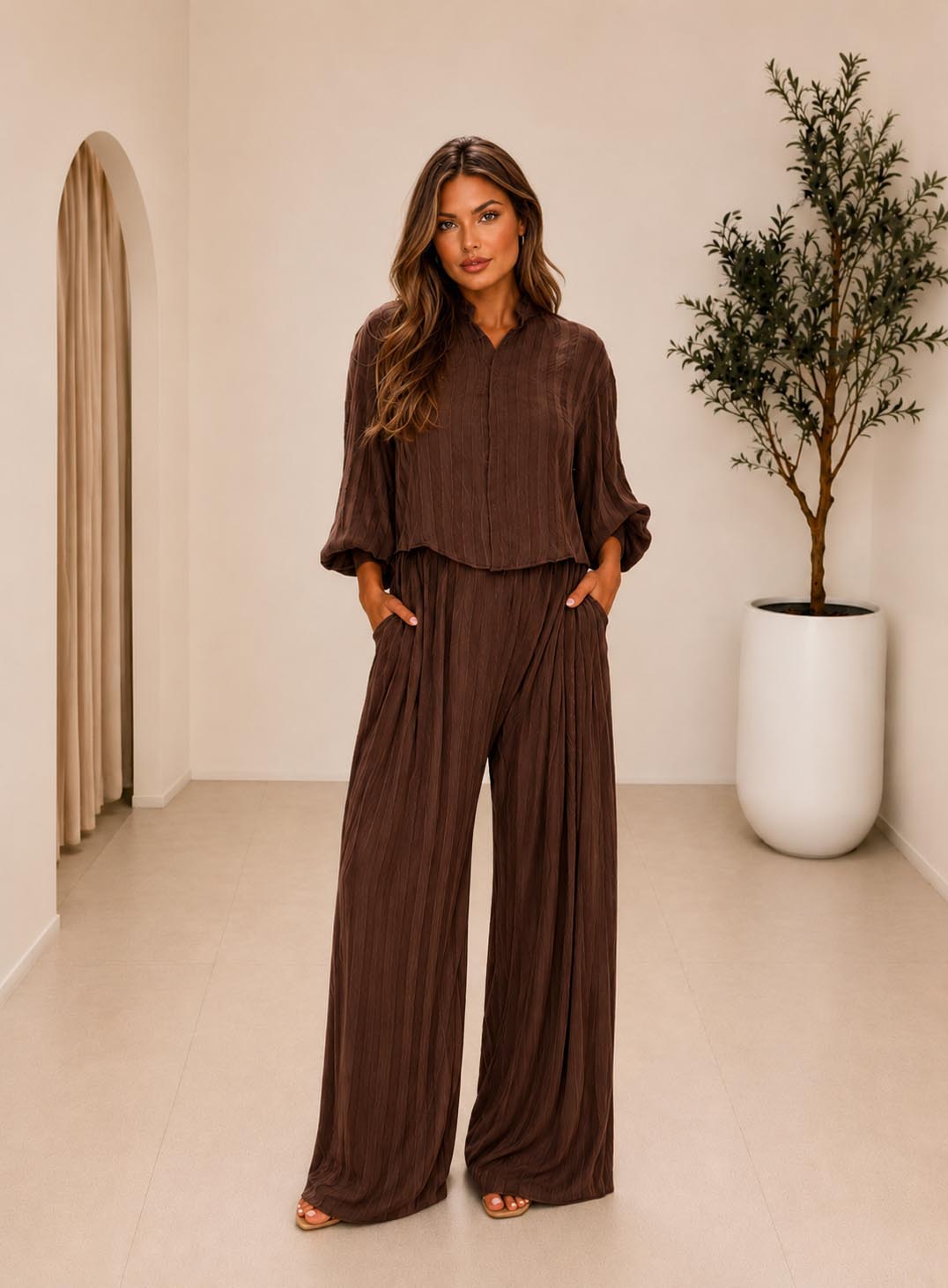 SET CROPPED SHIRT WITH PANTS CHOCOLA 26146