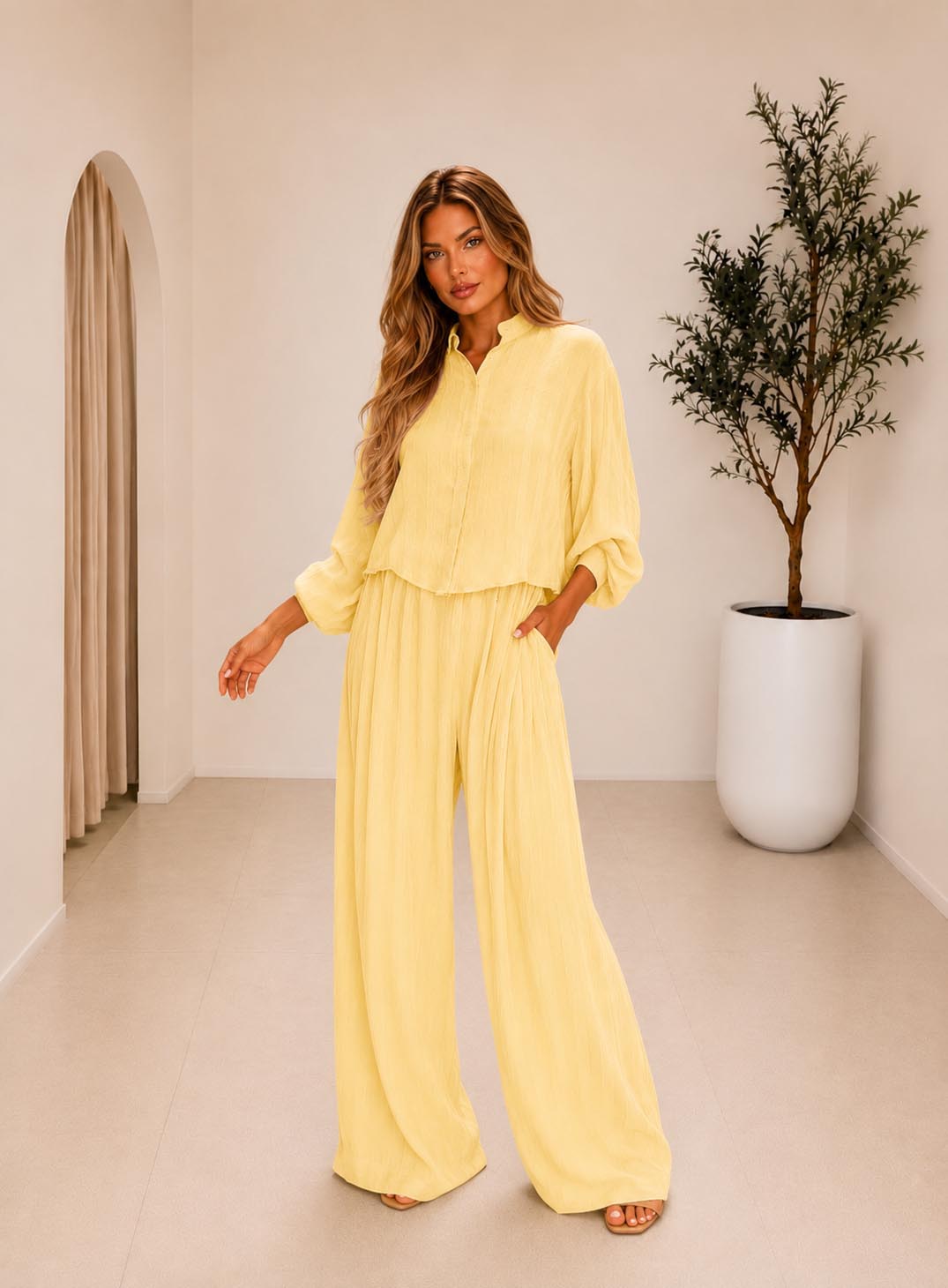 SET CROPPED SHIRT WITH PANTS BUTTER YELLOW 26146