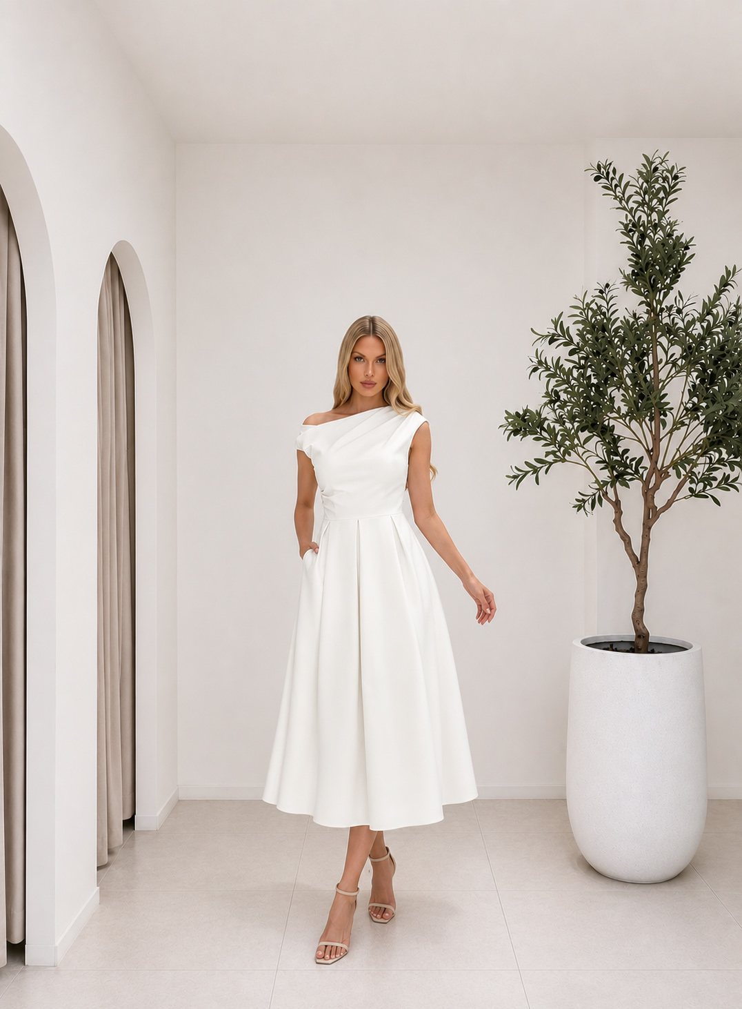 DRESS MIDI OFF ONE SHOULDER WHITE 26445